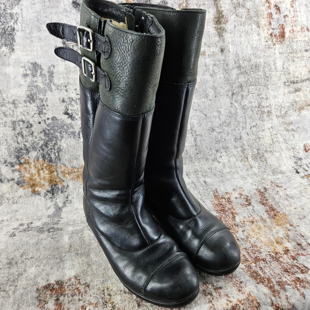 UGG Baralo Riding Boots Womens 7 Black Leather‎ Shearling Lined Buckle Cap Toe